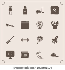 Modern, simple vector icon set with beauty, communication, housework, hat, screwdriver, construction, perfume, equipment, file, post, computer, sign, monitor, work, postage, vacuum, launch, gym icons