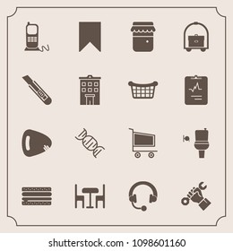 Modern, simple vector icon set with cutter, snack, market, cart, food, room, jam, bathroom, travel, furniture, musical, public, construction, builder, toilet, retail, jar, bookmark, telephone icons