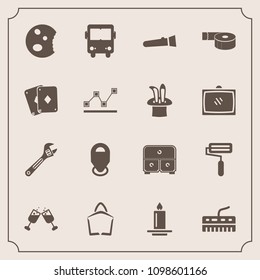 Modern, simple vector icon set with night, bag, flame, sticky, wrench, equipment, roll, tape, transportation, office, doughnut, candle, game, red, sign, tool, lamp, drawer, location, paint, sale icons