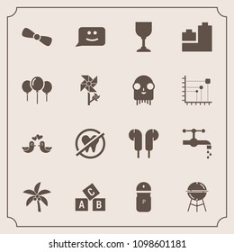 Modern, simple vector icon set with grill, water, spice, audio, bow, animal, tropical, salt, face, barbecue, dentist, wine, nature, alcohol, meat, bird, bathroom, bbq, pigeon, play, chat, summer icons