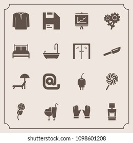 Modern, simple vector icon set with sunbed, sweet, chair, music, bedroom, karaoke, summer, nature, clothing, cable, spring, communication, mic, report, dessert, computer, business, bed, sound icons