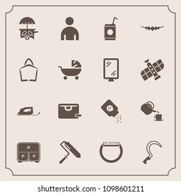 Modern, simple vector icon set with gardening, bottle, van, male, brush, bag, cold, roller, , sickle, vehicle, ice, time, liquid, health, stroller, necklace, drink, accessory, garden, tool, roll icons