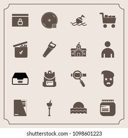 Modern, simple vector icon set with fashion, school, internet, dvd, disk, drink, lock, research, disc, folder, website, bucket, ice, document, jam, wine, backpack, help, hipster, file, safety icons
