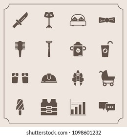 Modern, simple vector icon set with stroller, child, space, safety, talk, dinner, ice, speech, jacket, spaceship, music, data, food, business, vest, helmet, clothing, craft, bedroom, summer, bed icons