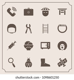 Modern, simple vector icon set with japan, dentistry, microwave, people, grain, white, scary, dentist, clinic, call, bug, lady, food, health, technology, agriculture, chinese, glass, orbit, fly icons