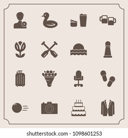 Modern, simple vector icon set with animal, photo, bird, wildlife, food, sky, photography, travel, chair, camera, cake, floral, fun, sweet, slipper, pin, sport, sugar, nature, photographer, beer icons