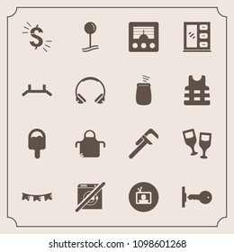 Modern, simple vector icon set with usd, map, kitchen, technology, house, currency, food, signal, holiday, wash, sign, radio, television, flag, pinafore, apron, icecream, dollar, tool, security icons