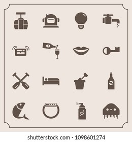 Modern, simple vector icon set with summer, helmet, liquid, idea, bulb, grunge, hotel, street, bed, child, drink, transportation, ufo, alien, canoe, water, bottle, white, play, graffiti, paddle icons