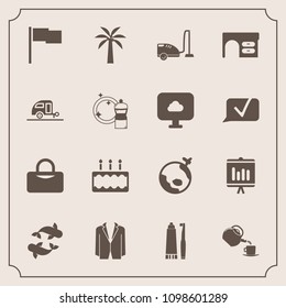 Modern, simple vector icon set with cleaner, drink, cup, desk, airplane, broom, table, dental, document, plane, travel, toothbrush, dessert, equipment, cake, health, seafood, report, flight, tea icons