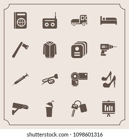 Modern, simple vector icon set with transportation, photographer, passport, annual, hotel, transport, radio, cup, sign, immigration, photography, fashion, business, trumpet, drink, document, bed icons