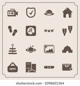 Modern, simple vector icon set with house, handle, planet, slipper, photo, plate, sale, image, camera, check, medicine, food, store, estate, frame, health, real, earth, film, dinner, music, add icons