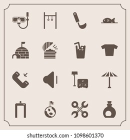 Modern, simple vector icon set with japanese, snorkel, healthy, umbrella, volume, exercise, wagasa, phone, water, nature, kitchen, button, tool, machine, repair, japan, globe, sport, chair, call icons