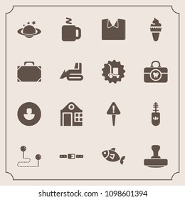 Modern, simple vector icon set with business, food, clothing, globe, fashion, danger, makeup, bag, exclamation, white, building, map, shirt, cup, new, dessert, cream, hot, point, stamp, ice, sea icons