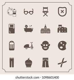 Modern, simple vector icon set with broom, gardening, clothing, pants, cleaner, trousers, mobile, equipment, security, closed, garden, seat, style, space, cycle, telephone, sunglasses, old, pie icons