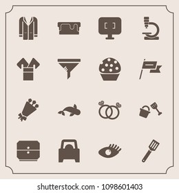 Modern, simple vector icon set with sweet, pie, cooking, health, costume, biology, style, bouquet, romance, girl, microscope, screen, coat, jacket, diamond, kitchen, shovel, face, car, white icons