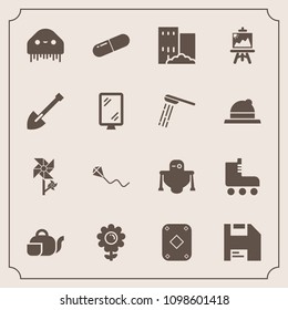 Modern, simple vector icon set with beverage, summer, sport, fun, medicine, estate, fiction, japanese, alien, flower, robot, space, sky, artist, cyborg, futuristic, ufo, blossom, play, drink icons