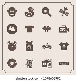 Modern, simple vector icon set with fiction, cleaner, time, food, power, clothes, play, alarm, woman, duck, female, toy, cake, housework, vehicle, elegance, kid, watch, sweet, spray, wind, mill icons