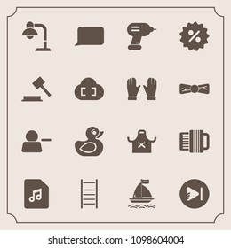 Modern, simple vector icon set with speech, elegance, glove, board, decoration, wind, child, interior, tie, pictogram, industry, account, accordion, cloud, sound, talk, chief, light, percent icons