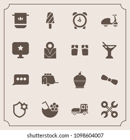 Modern, simple vector icon set with clock, repair, service, bow, dessert, hour, cloth, sweet, bike, cocktail, food, towel, gift, ice, summer, cake, reparation, soft, drink, time, fruit, watch icons
