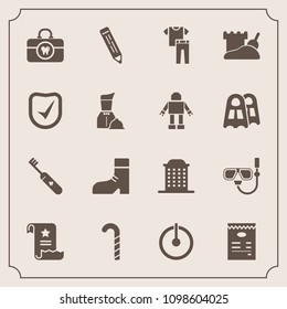 Modern, simple vector icon set with fashion, paper, pencil, sand, snorkel, document, sweet, footwear, collection, clean, off, tower, pen, house, menu, boot, food, office, waiter, hygiene, button icons