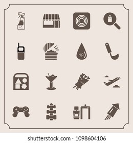 Modern, simple vector icon set with firework, market, clothes, glass, xray, equipment, bottle, store, spray, airplane, grocery, gym, game, woman, celebration, departure, plane, event, travel icons