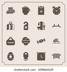 Modern, simple vector icon set with grain, vacation, trailer, teapot, business, water, web, heater, download, alarm, tea, food, time, drink, sweet, road, agriculture, breakfast, holiday, house icons