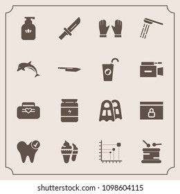 Modern, simple vector icon set with leather, dinner, instrument, bath, sweet, drum, website, bag, bodybuilding, shower, bottle, musical, food, music, white, glove, lock, data, dental, liquid icons