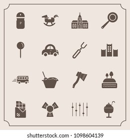 Modern, simple vector icon set with map, fork, religious, building, cold, chocolate, chinese, pan, vehicle, pin, dessert, equality, bar, tool, noodle, toy, cream, church, ice, religion, bus, axe icons