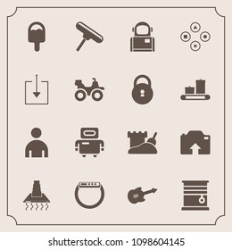 Modern, simple vector icon set with kitchen, male, upload, computer, download, sign, room, food, time, cosmos, music, sand, home, brush, quad, paint, cosmonaut, robot, hood, game, gadget, man icons