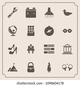 Modern, simple vector icon set with space, tool, fashion, rocket, news, sport, business, element, fresh, newspaper, vegetable, bag, bank, kitchen, wrench, animal, hammer, hood, nature, tennis icons