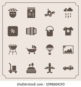 Modern, simple vector icon set with menu, image, shipping, barbecue, technology, dessert, space, japanese, airplane, picture, young, stroller, frame, food, doughnut, orbit, rain, sweet, travel icons