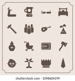 Modern, simple vector icon set with nature, queen, smart, cooking, wrench, child, pram, cute, royal, palm, fitness, tropical, summer, tool, gym, aroma, baby, stroller, vehicle, treadmill, crown icons