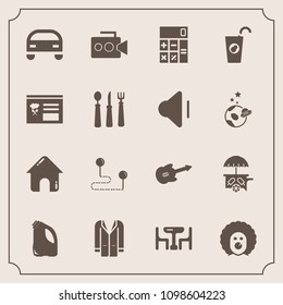 Modern, simple vector icon set with cream, equipment, accounting, car, dinner, jacket, holiday, can, destination, point, home, camera, vehicle, drink, business, guitar, food, estate, music, film icons