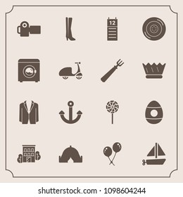 Modern, simple vector icon set with spring, building, fashion, holiday, photography, birthday, camp, outdoor, adventure, agenda, business, photo, house, lollipop, real, easter, reminder, car icons