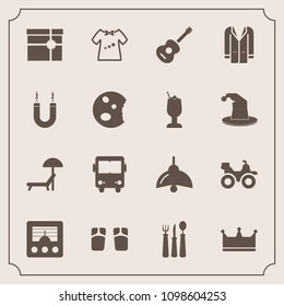 Modern, simple vector icon set with quad, knife, fork, umbrella, spoon, gift, clothes, king, chair, communication, flip, lamp, style, child, road, clothing, bus, musical, footwear, antenna, baby icons