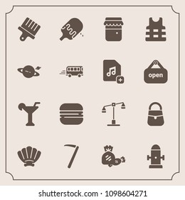 Modern, simple vector icon set with saturn, snack, equipment, white, jacket, law, drink, fashion, sea, fire, justice, bag, nature, shell, water, brush, glass, life, jam, safety, balance, drawing icons