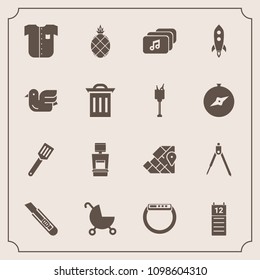 Modern, simple vector icon set with instrument, fashion, stroller, travel, engineering, white, cutter, nature, geography, watch, agenda, pan, sign, map, music, pram, file, reminder, world, shirt icons