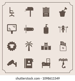 Modern, simple vector icon set with fashion, furniture, hook, real, chocolate, building, food, cabinet, telephone, chair, mailbox, sand, estate, interior, post, sign, hotel, security, book, box icons