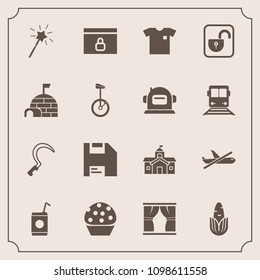 Modern, simple vector icon set with website, diskette, sickle, gardening, plane, corn, food, new, home, liquid, magic, lock, beverage, fashion, clothing, drink, unlock, house, dessert, cake, web icons