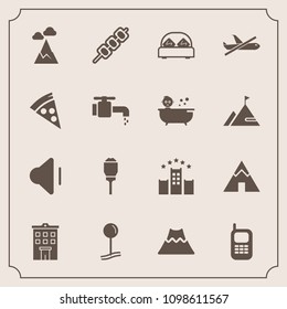 Modern, simple vector icon set with outdoor, city, lamp, bed, double, vacation, meat, pin, mountain, landscape, map, sky, telephone, food, drop, house, audio, estate, travel, light, old, phone icons