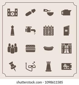 Modern, simple vector icon set with drink, espresso, cone, window, meat, fashion, price, sign, sport, video, wine, pin, makeup, curtain, scuba, brush, dinner, mask, map, home, sausage, interior icons