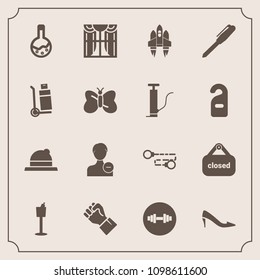 Modern, simple vector icon set with equipment, spaceship, store, bottle, profile, concept, curtain, restaurant, tool, hat, fitness, laboratory, finger, rocket, shop, space, delete, home, wine icons