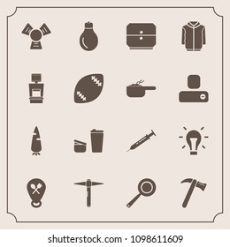 Modern, simple vector icon set with utensil, ball, jacket, spanner, light, machine, clothing, kitchen, vegetable, cold, game, needle, coffee, wrench, energy, pan, drink, cup, drawer, dish, sugar icons
