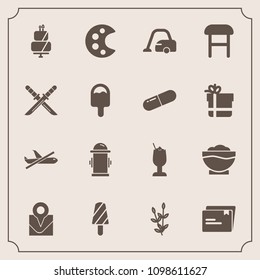 Modern, simple vector icon set with flight, chair, plane, agriculture, department, grain, map, location, drink, dessert, coffee, safety, domestic, housework, ice, bar, drawing, hydrant, food icons