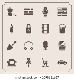 Modern, simple vector icon set with business, tool, food, office, shovel, bus, fruit, hot, chair, teapot, audio, smart, home, dessert, technology, time, science, coffee, gadget, table, left, ice icons