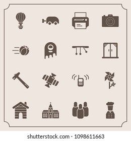 Modern, simple vector icon set with phone, wrench, telephone, station, orbit, cone, machine, planet, sky, church, printer, ball, parachute, communication, bowling, baby, flower, parachuting icons