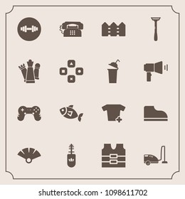 Modern, simple vector icon set with king, phone, chess, piece, food, fence, fish, protective, fitness, equipment, communication, brush, fun, vest, domestic, joystick, shirt, mascara, seafood icons