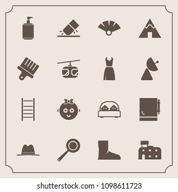 Modern, simple vector icon set with outdoor, bedroom, pan, double, adventure, child, notepad, architecture, paint, brush, cooking, cute, rubber, japanese, traditional, kitchen, city, utensil icons