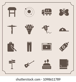 Modern, simple vector icon set with cake, fashion, pants, food, musical, music, transport, space, notebook, street, interior, clothing, system, guitar, page, kitchen, comfortable, galaxy, web icons