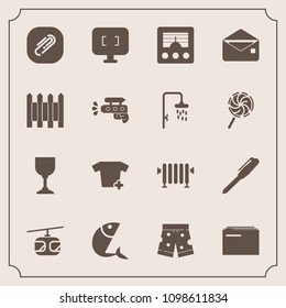 Modern, simple vector icon set with mail, monitor, message, information, wine, antenna, glass, paper, fashion, clip, clothes, computer, white, sea, food, blue, heater, technology, business, rail icons